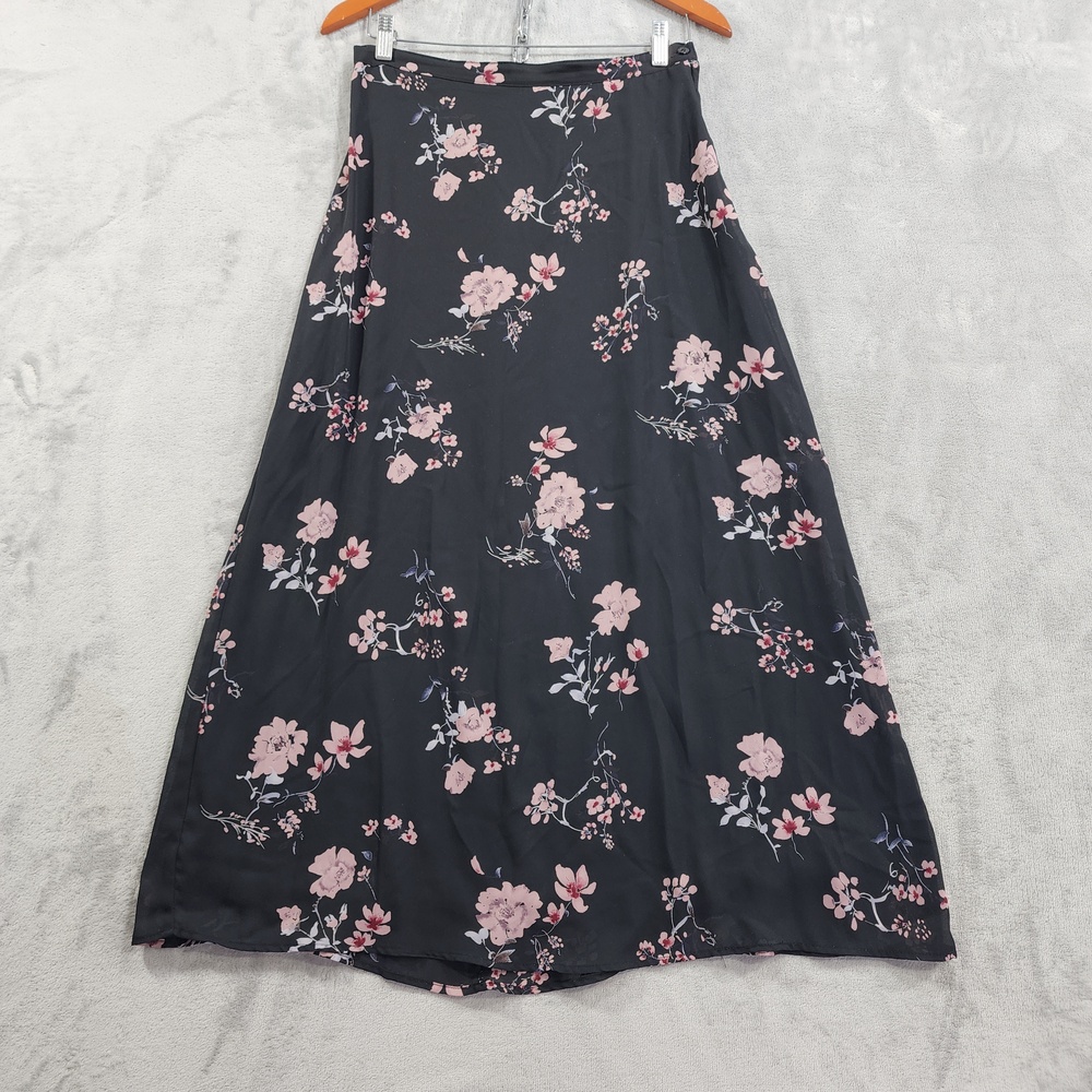 Vintage Willow Bay Skirt Womens M Black Pink Floral Chiffon A-Line Maxi Lined